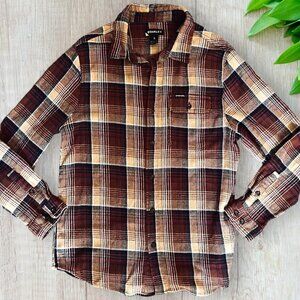 Stanley Vintage 80s Plaid Flannel Shirt Brown Tan Button Down Classic Men's L